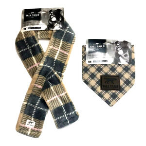 Tall Tails Fleece SCARF And BANDANA SET Tan/Gray PLAID Small 12-16” Winter